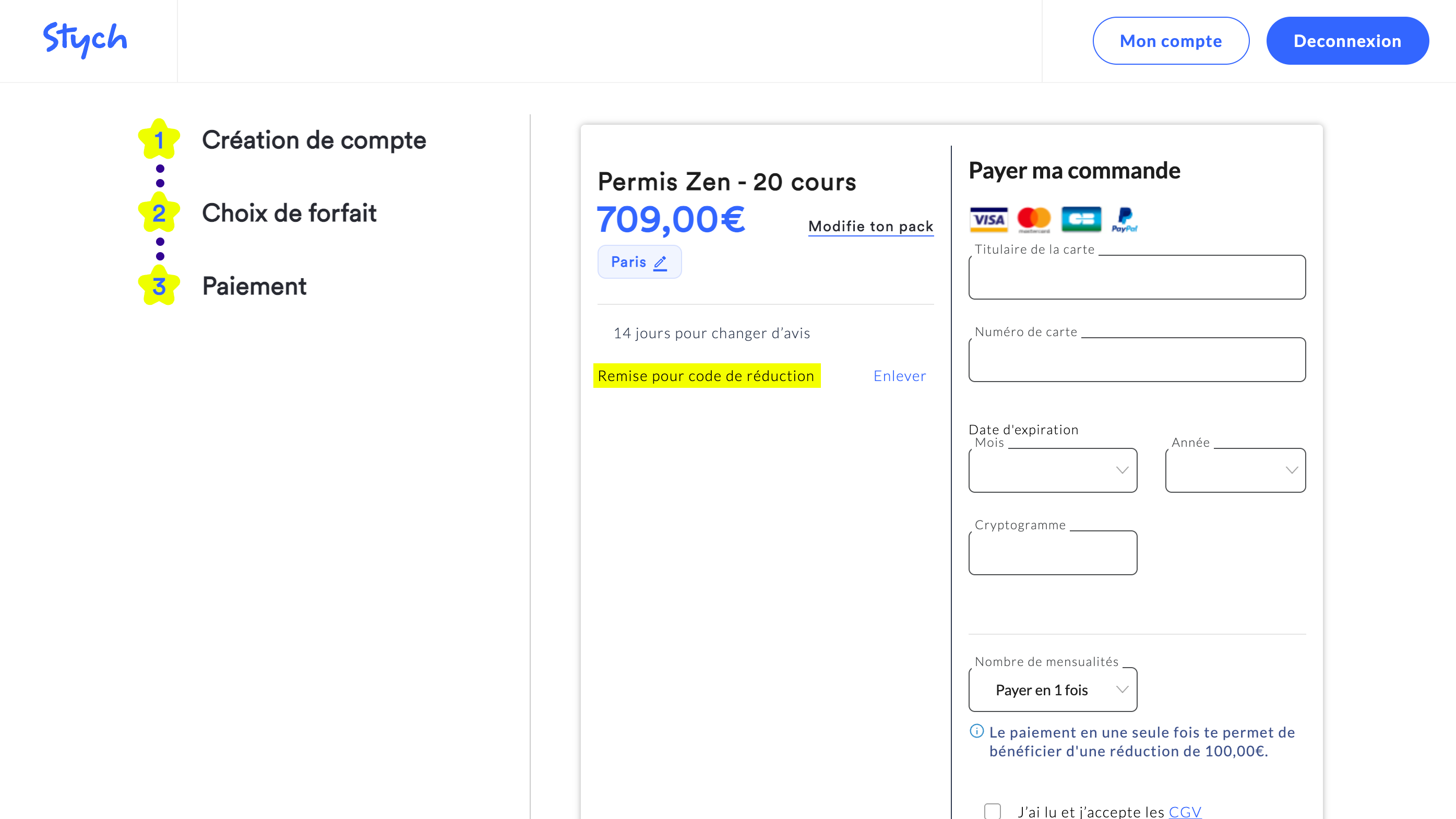 Preuve fonctionnement Code Promo Stych : -40€ appliqués sur le panier